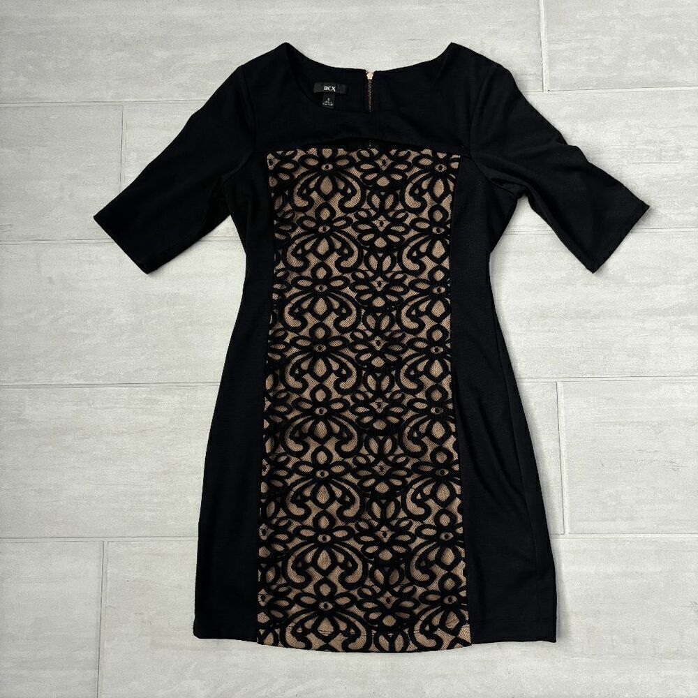 BCX Mini Dress LBD Beige Lace Bust Cut Out Short Sleeve Size 5 Zipper Bodycon